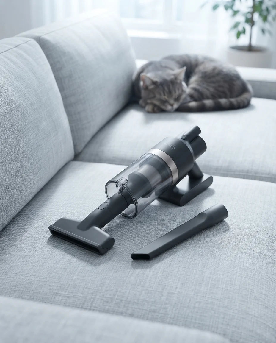 Vekto Stick in its handheld form with the upholstery tool on a gray sofa