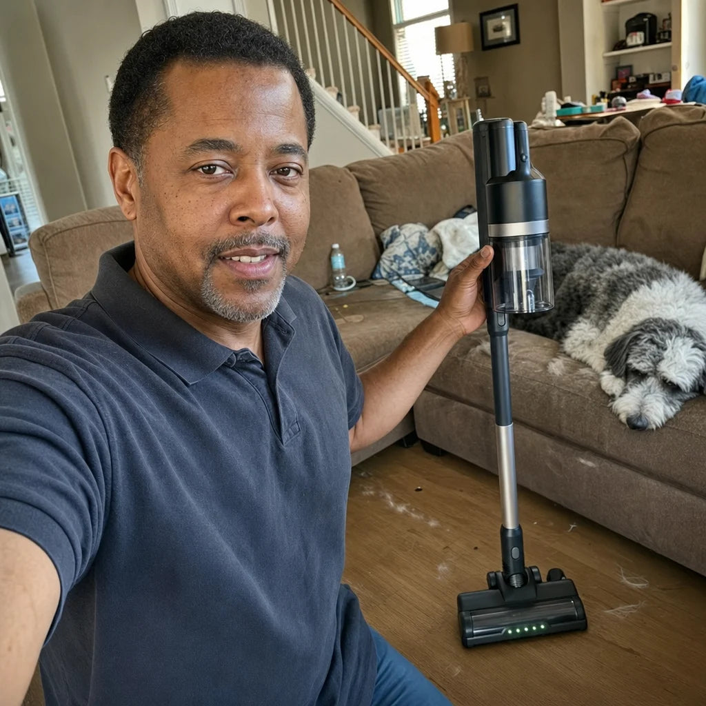 Derek in his living room holding the Vekto Stick, his dog on the couch behind him