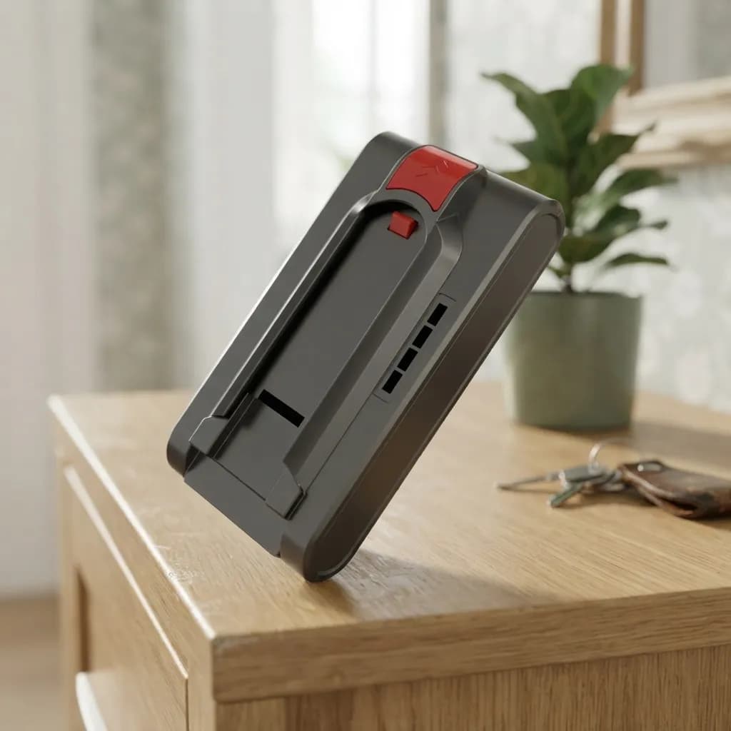 The Vekto V18 spare battery on an oak sideboard in a hallway