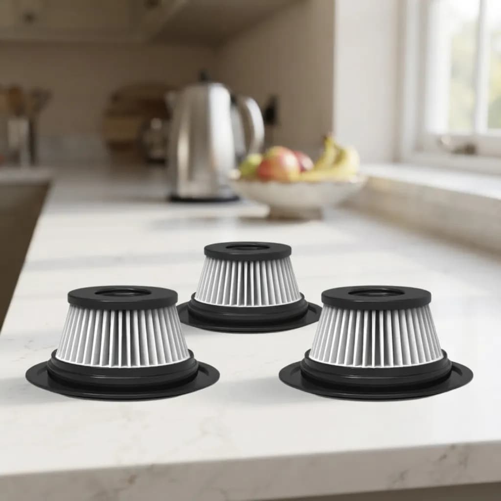 Three Vekto V18 HEPA filters on a white kitchen countertop