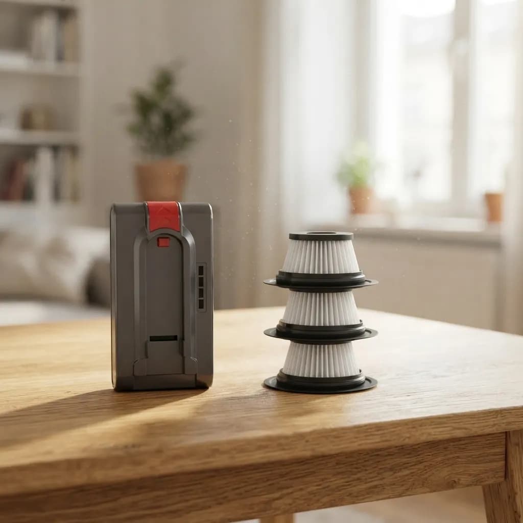 The spare battery and three HEPA filters on an oak table at home
