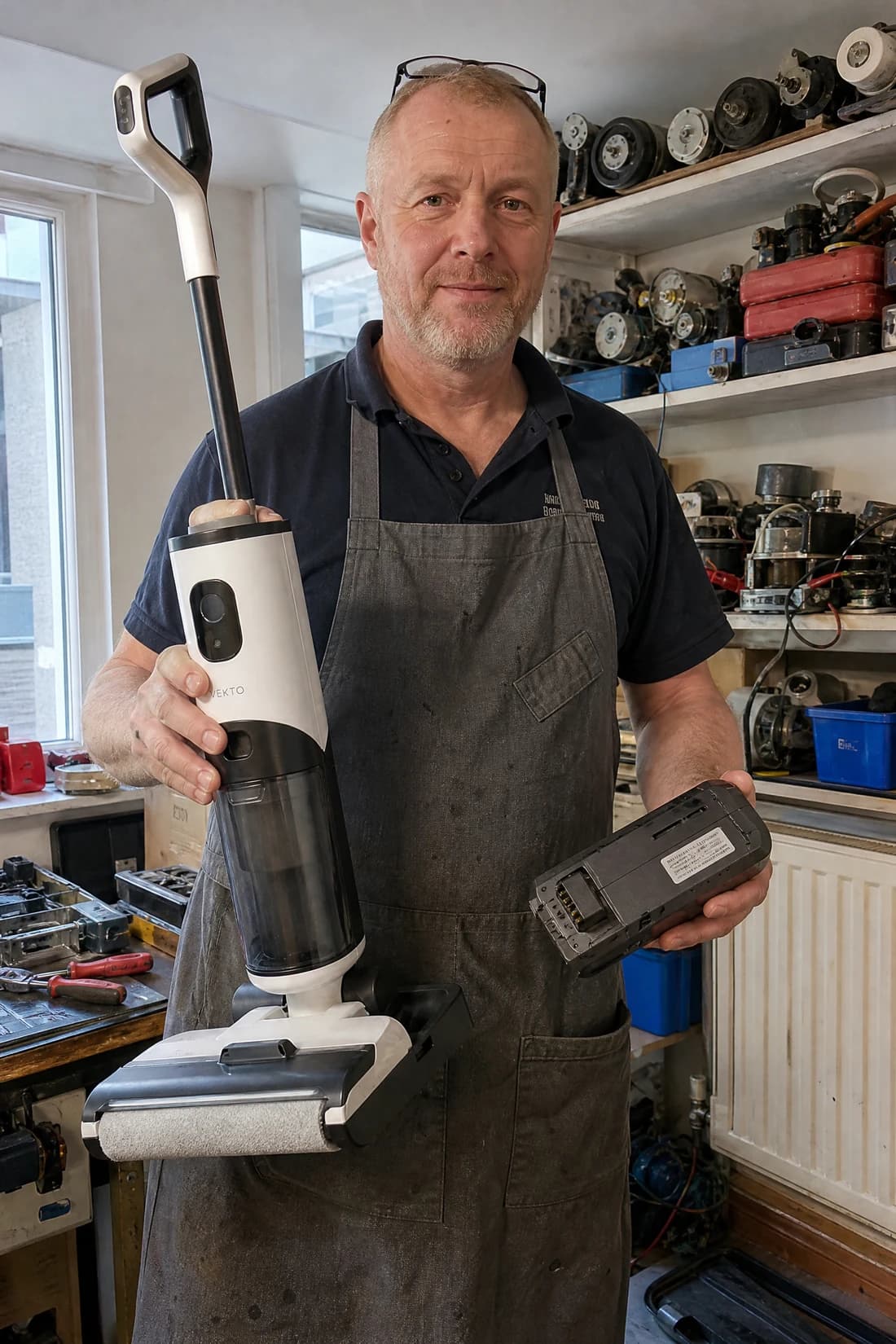 An appliance repair engineer in his workshop with the Vekto Floor Washer F40 and its roller on the bench