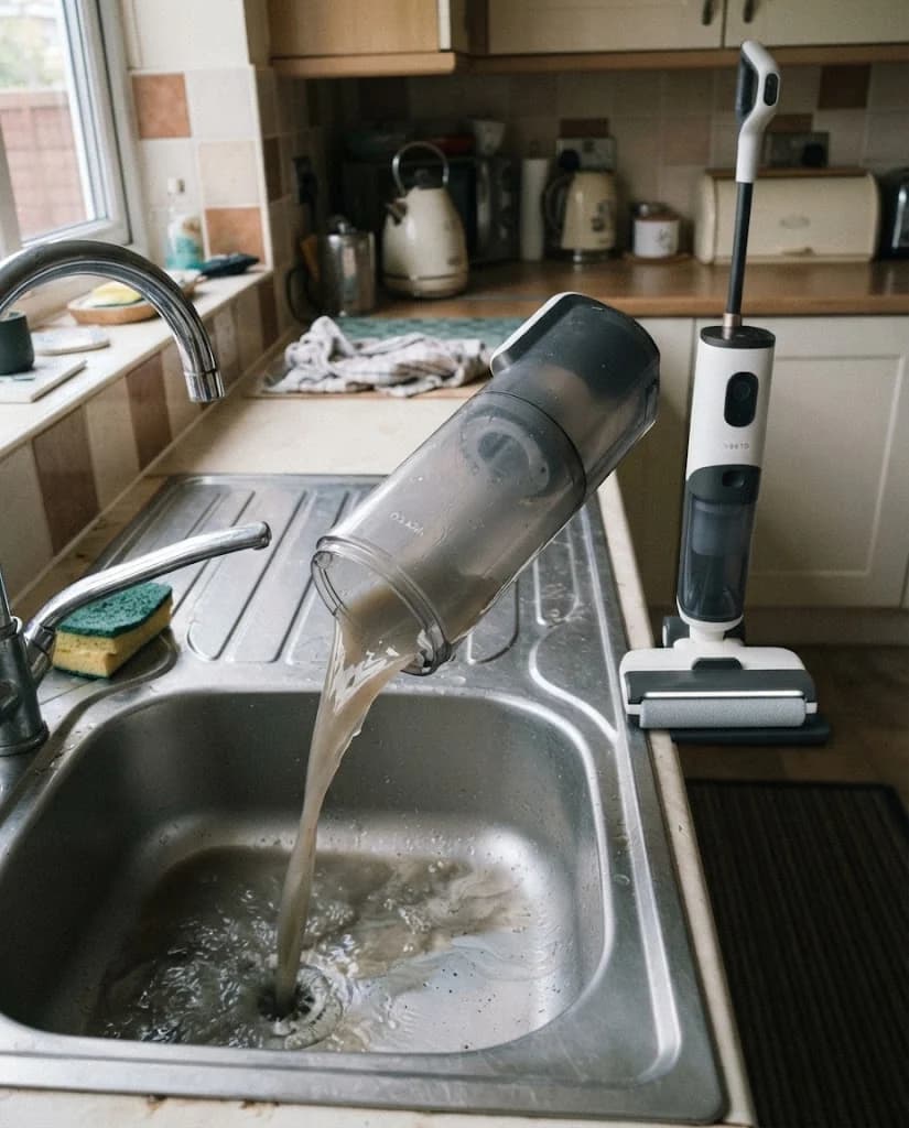 The Vekto Floor Washer F40 on its dock mid self-clean, water running through the clear roller housing