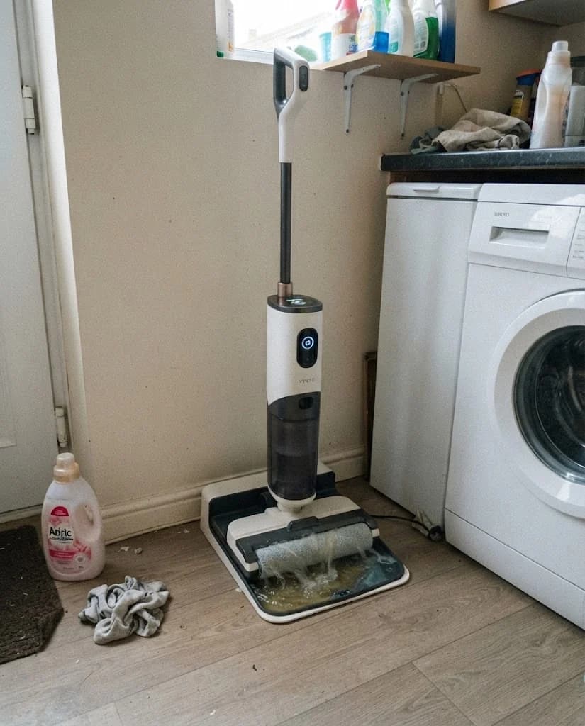 The Vekto Floor Washer F40 parked on its dock in a kitchen corner, the OLED screen showing the battery full