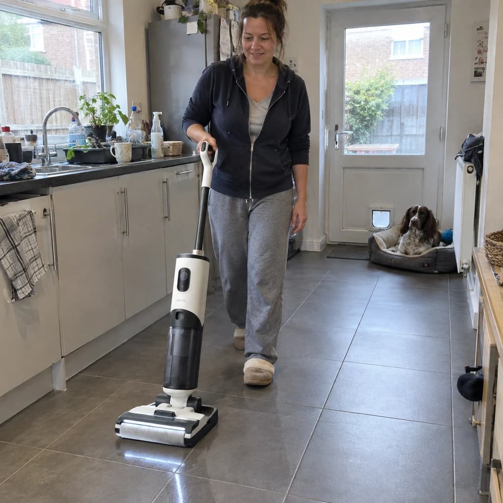 A woman in a bright kitchen-diner guiding the Vekto Floor Washer F40 across pale tiles, the dock in the corner behind her