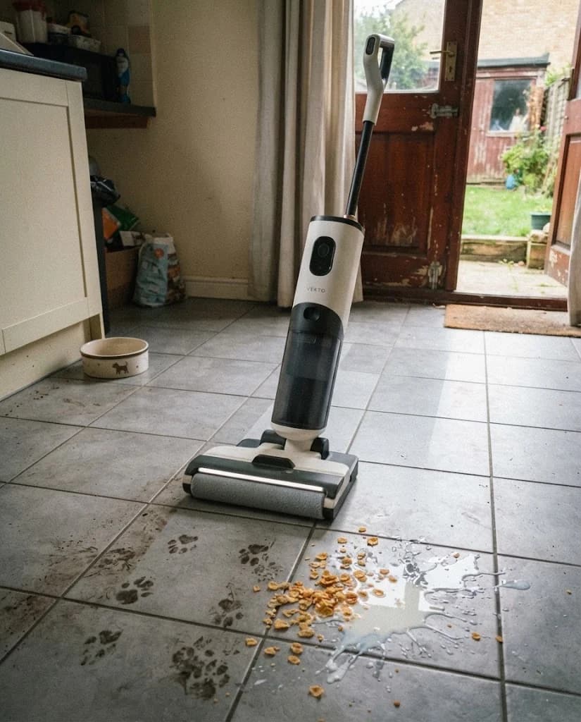 A labrador lying on a tiled hallway while the Vekto Floor Washer F40 lifts the paw prints behind it