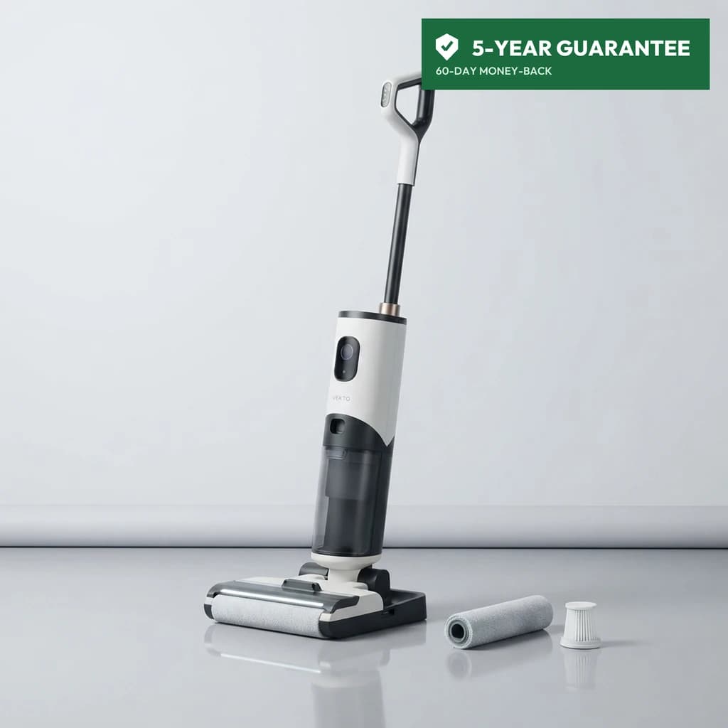Vekto Floor Washer F40 on its charging and self-clean dock with the spare roller, both HEPA filters and the manual