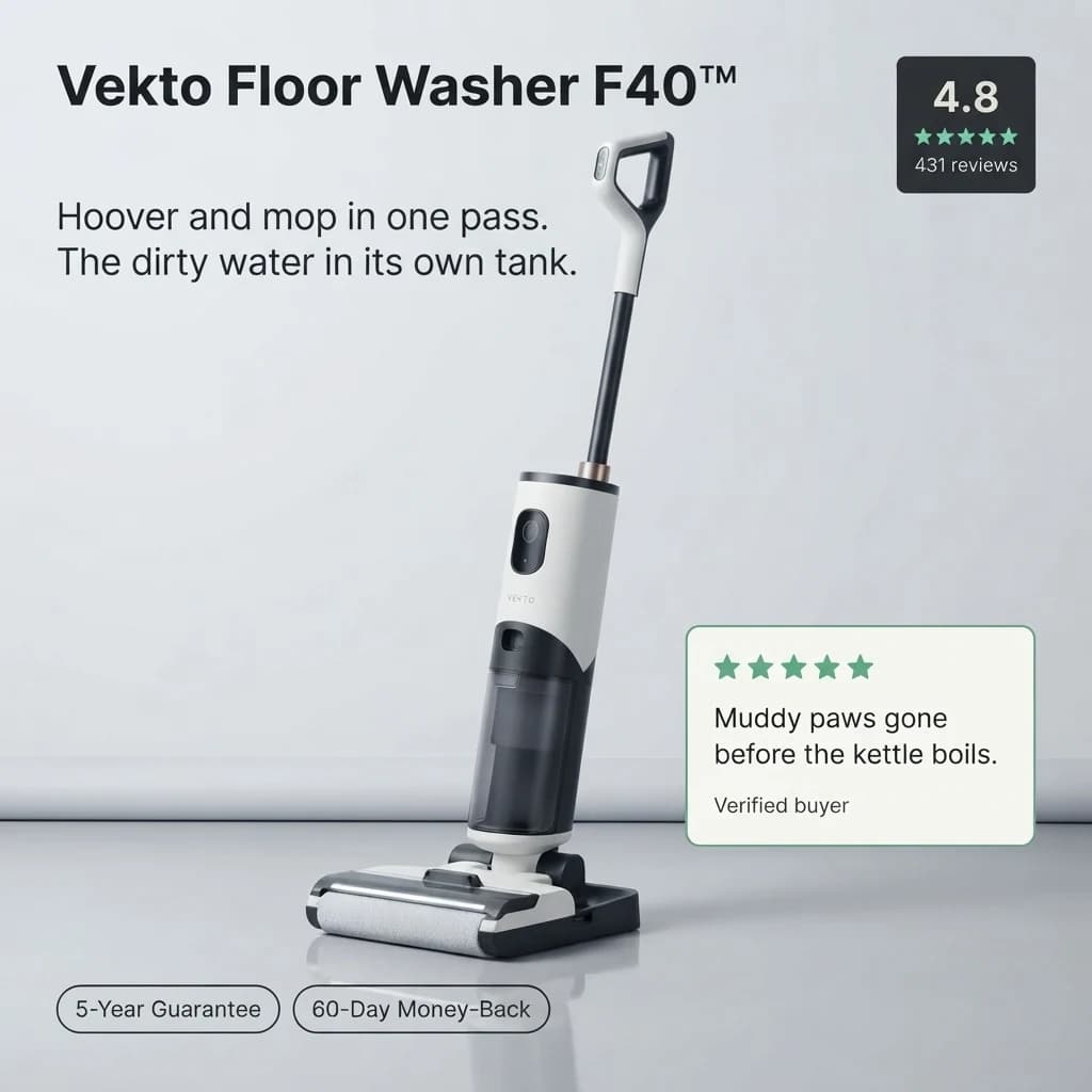 Vekto Floor Washer F40, rated 4.8 from 431 reviews: hoover and mop in one pass, the dirty water in its own tank