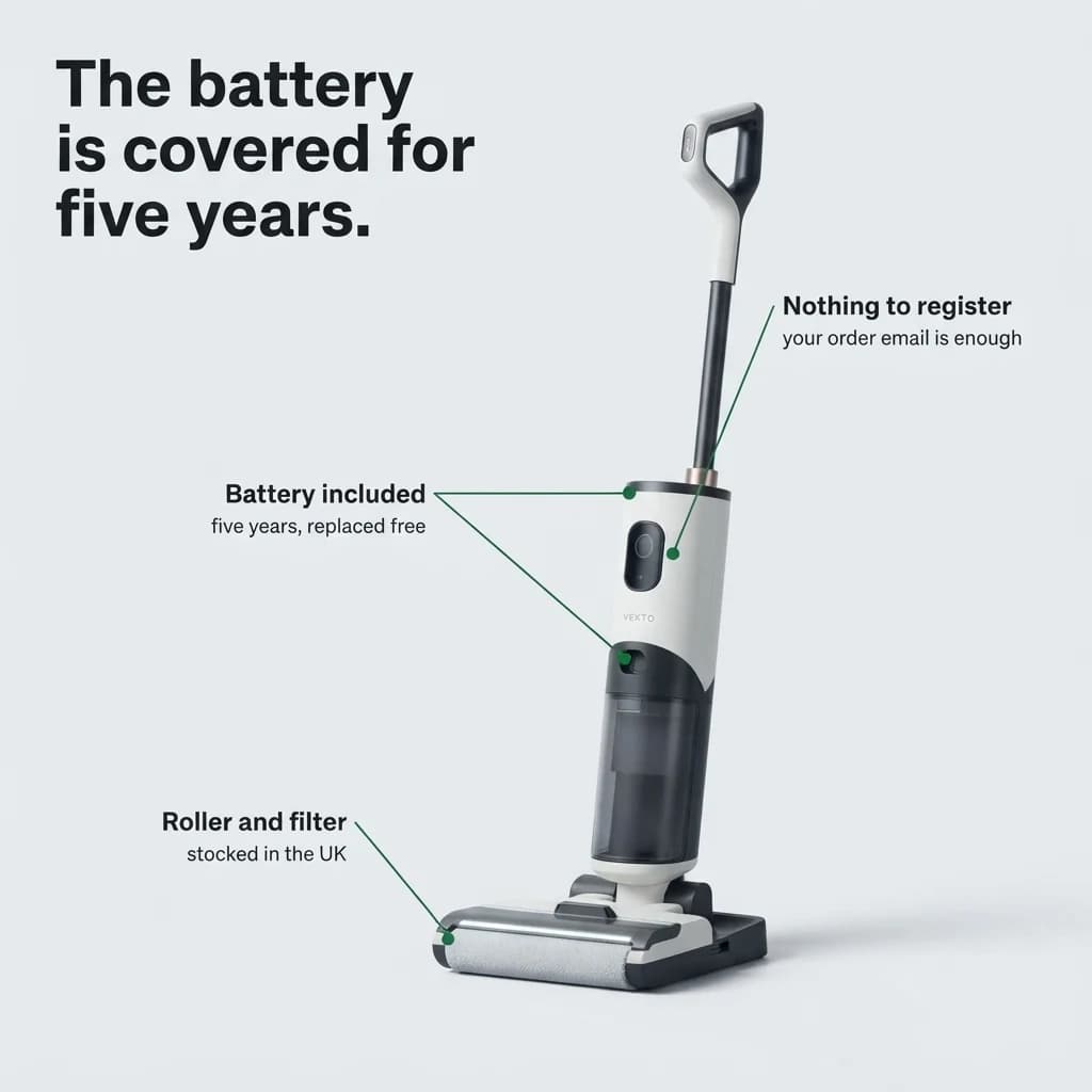 The number one feature: the battery is covered for five years, with roller, filter and battery stocked in the UK