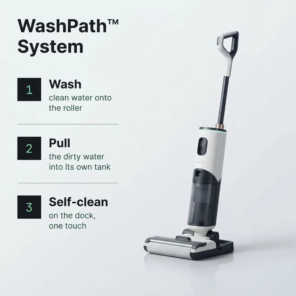 The WashPath system: wash with electrolysed water, pull the dirty water into its own tank, self-clean on the dock