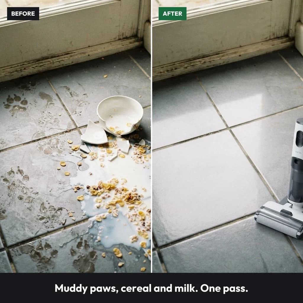Before and after: the same grey tiled kitchen floor with muddy paw prints, cereal and spilt milk, then clean and dry with the Vekto Floor Washer F40 standing on it