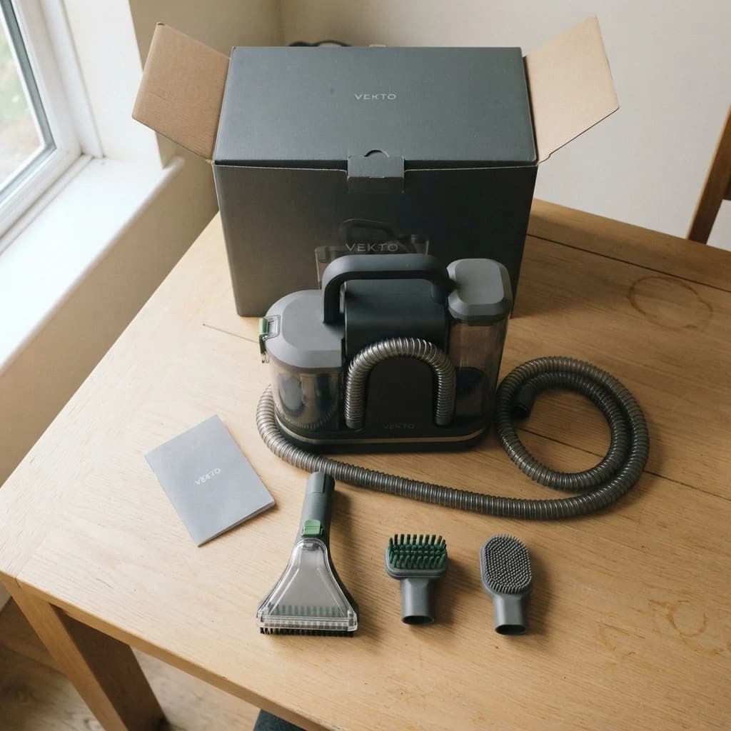 Everything in the Vekto Spot Cleaner P30 box laid out: the machine with both clear tanks, the 1.5 m hose, the deep-clean brush tool, the soft silicone brush tool and the manual