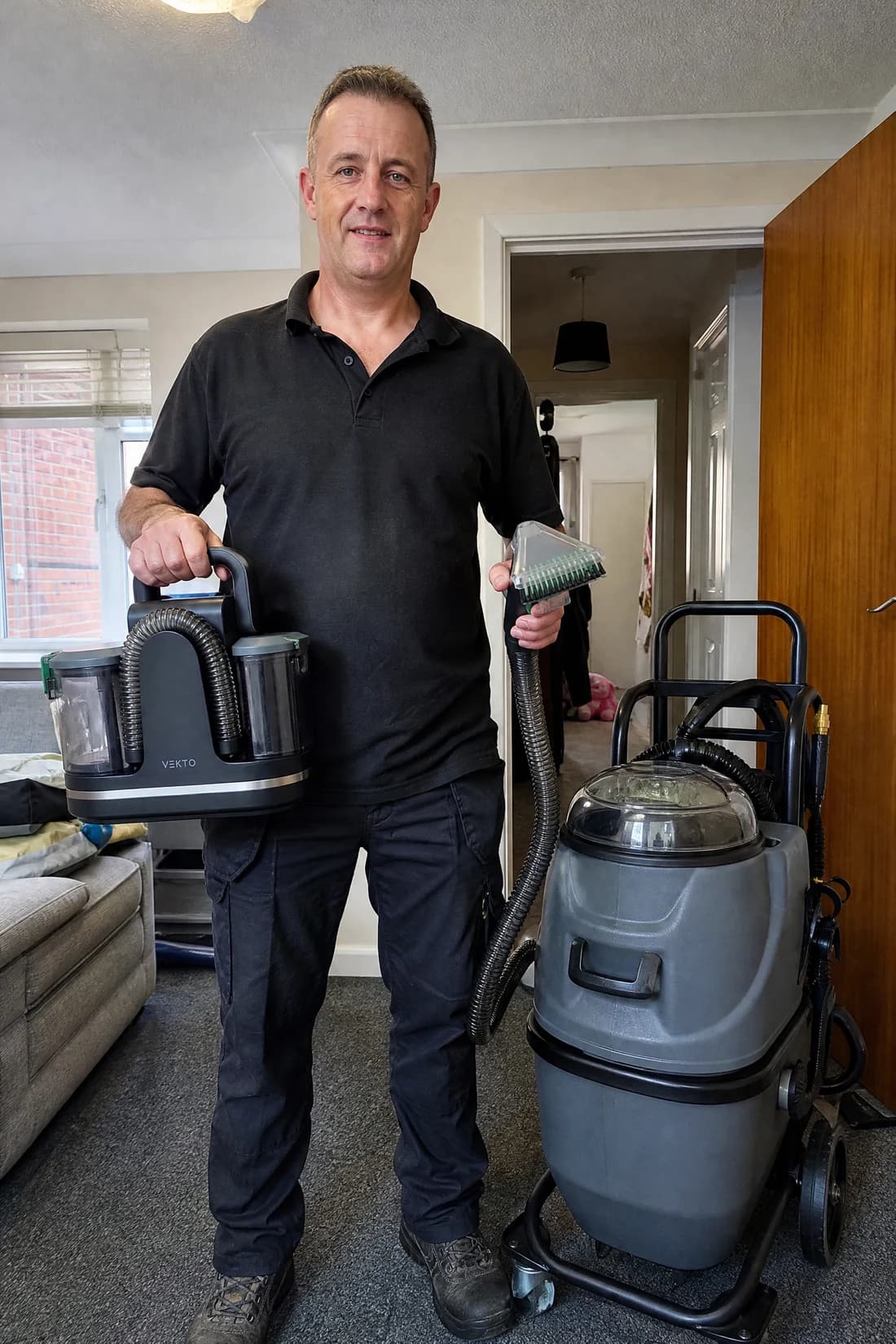 A carpet and upholstery cleaner in a customer's living room holding the Vekto Spot Cleaner P30 hose and tool
