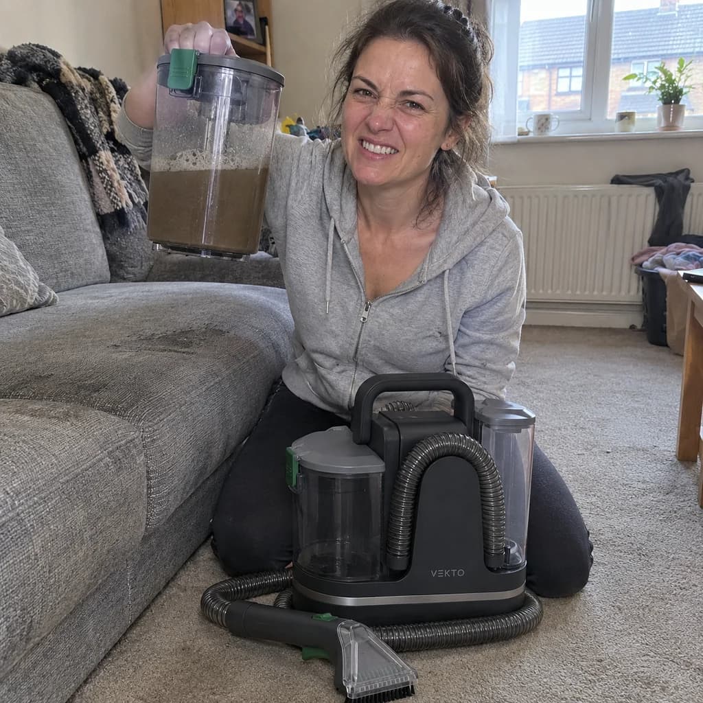 A woman in her living room kneeling at a grey sofa with the Vekto Spot Cleaner P30 beside her, a toddler and a dog in the background