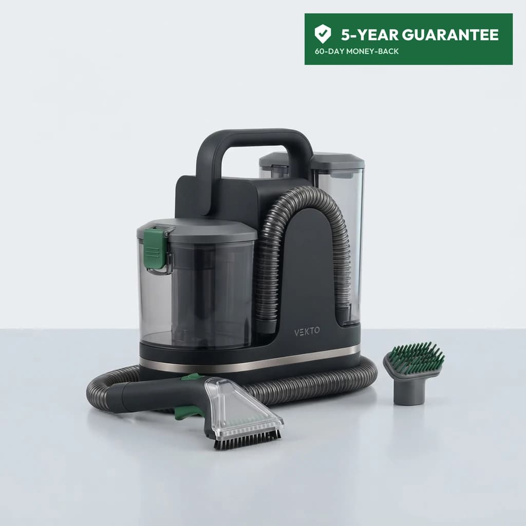 Vekto Spot Cleaner P30 with its 1.5 m hose, deep-clean brush tool and soft silicone brush tool, both clear tanks fitted