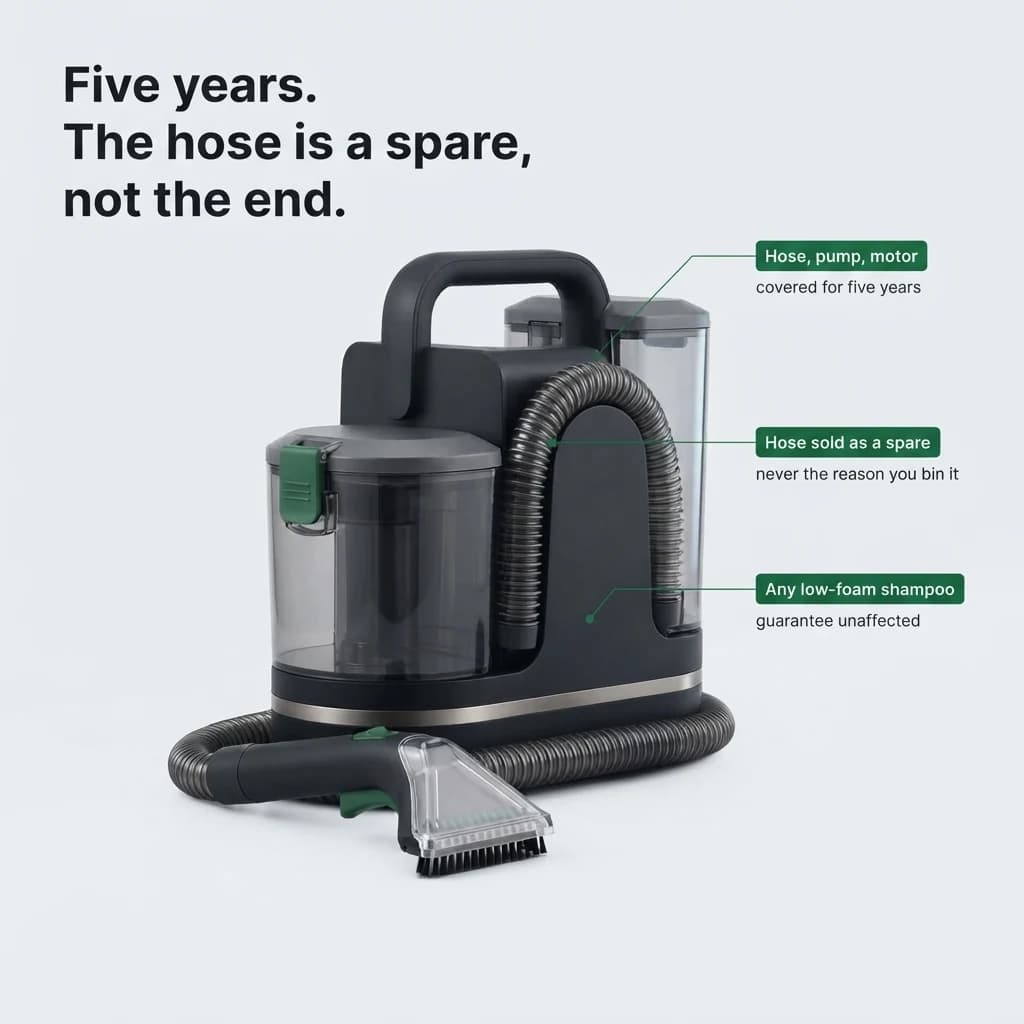 Covered for five years, hose, pump and motor, with the hose sold as a spare and no form to fill in