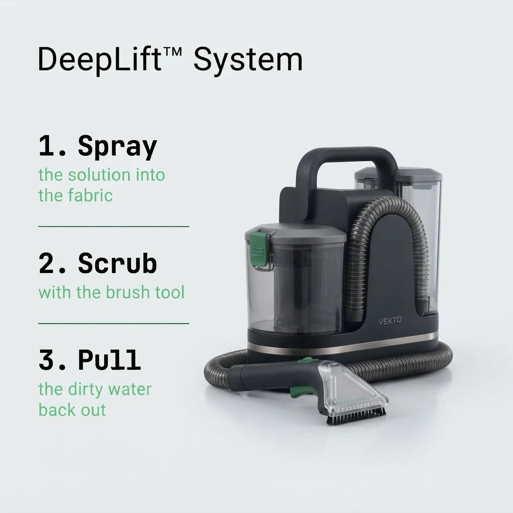 The DeepLift system in three steps: spray the solution in, scrub with the brush, pull the dirty water back out