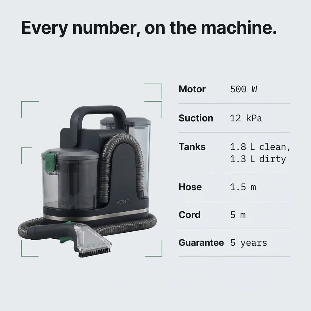 Every number on the machine: motor, suction, noise, tanks, hose, cord, weight and guarantee