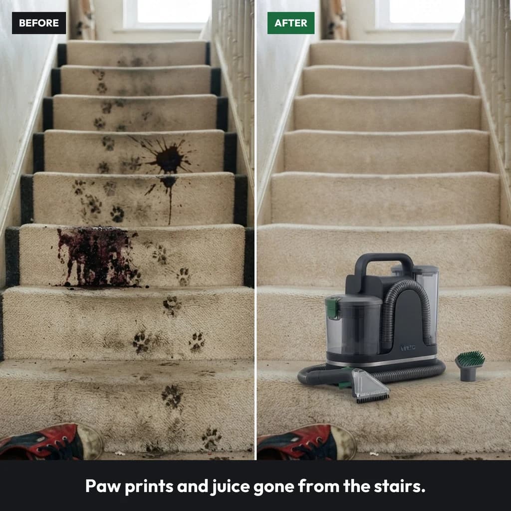 Before and after: the same cream stair carpet with paw prints and a juice stain, then clean with the Vekto Spot Cleaner P30 on the bottom step