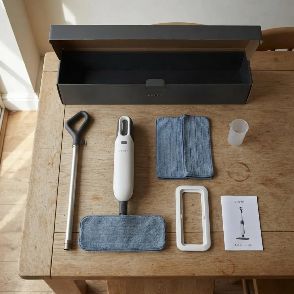 Everything in the Vekto Steam Mop S20 box laid out: mop body, tube, head, handheld unit, two pads, carpet glider, measuring cup and manual