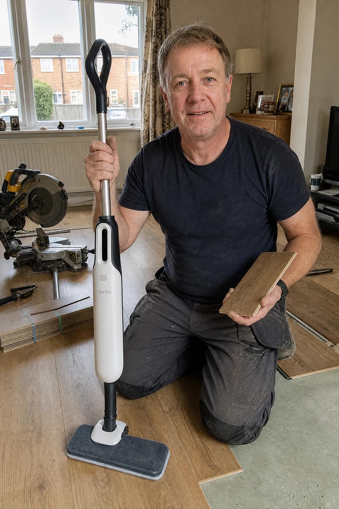 A floor fitter kneeling on a half-laid laminate floor with the Vekto Steam Mop S20 standing beside him