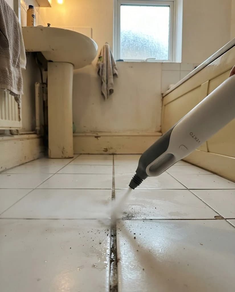 The Vekto Steam Mop S20 tank being filled from the measuring cup at a kitchen sink, water level visible through the side