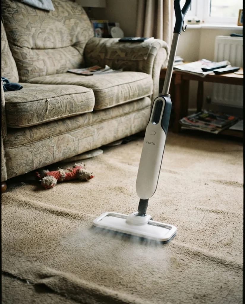 The Vekto Steam Mop S20 handheld unit in use on a bathroom shower screen runner