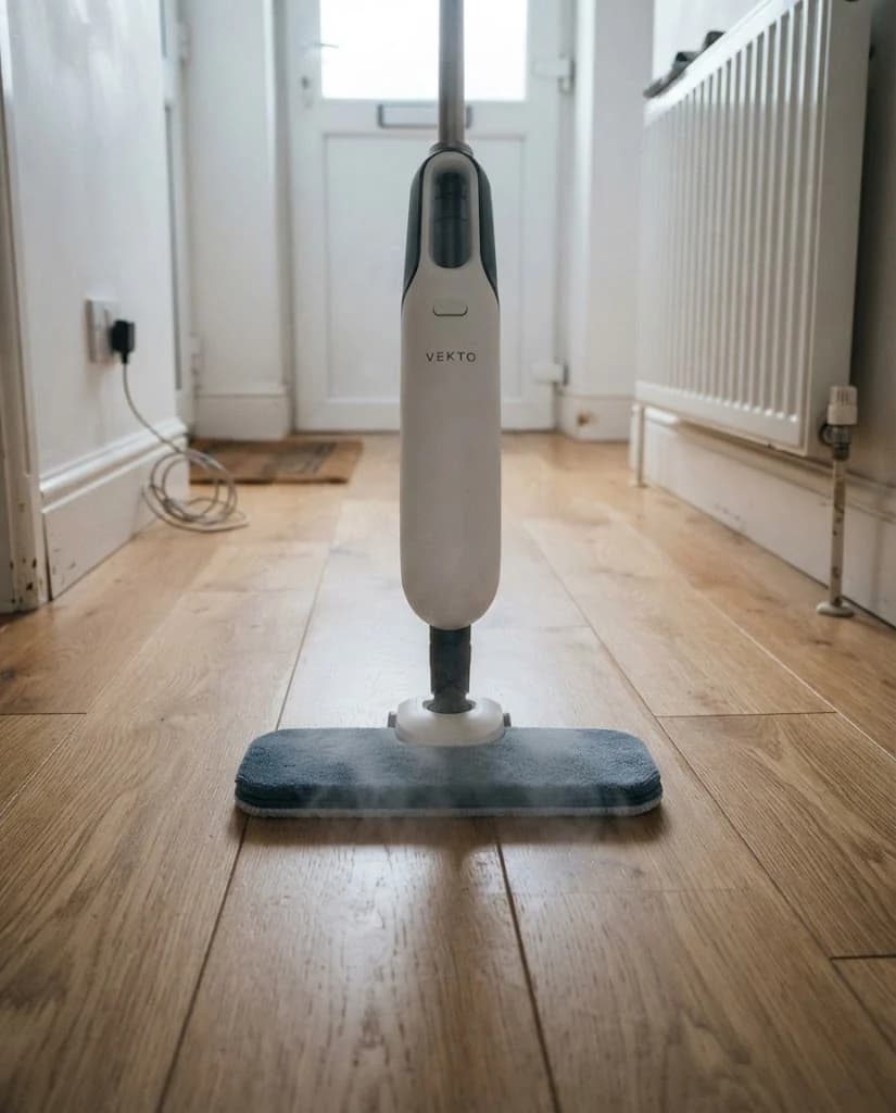The Vekto Steam Mop S20 standing upright in a tiled hallway with its handheld unit lifted out beside it
