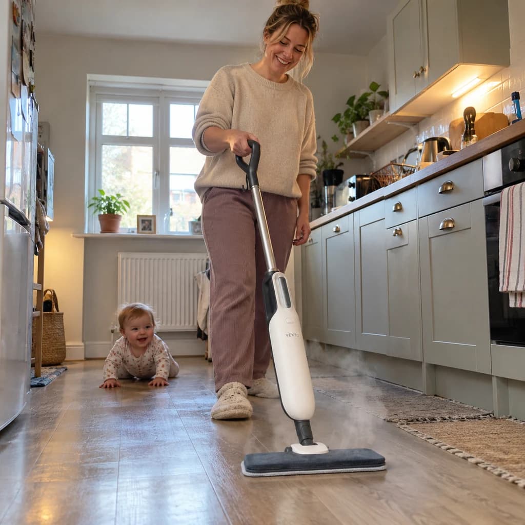 A woman in a bright kitchen-diner pushing the Vekto Steam Mop S20 across laminate, a toddler and a dog on the dry side behind her