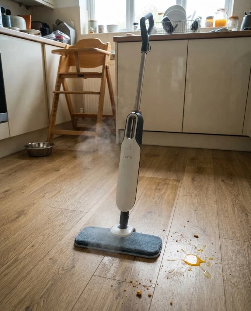 The Vekto Steam Mop S20 handheld unit pointed at a line of kitchen grout, white behind the steam and grey ahead of it