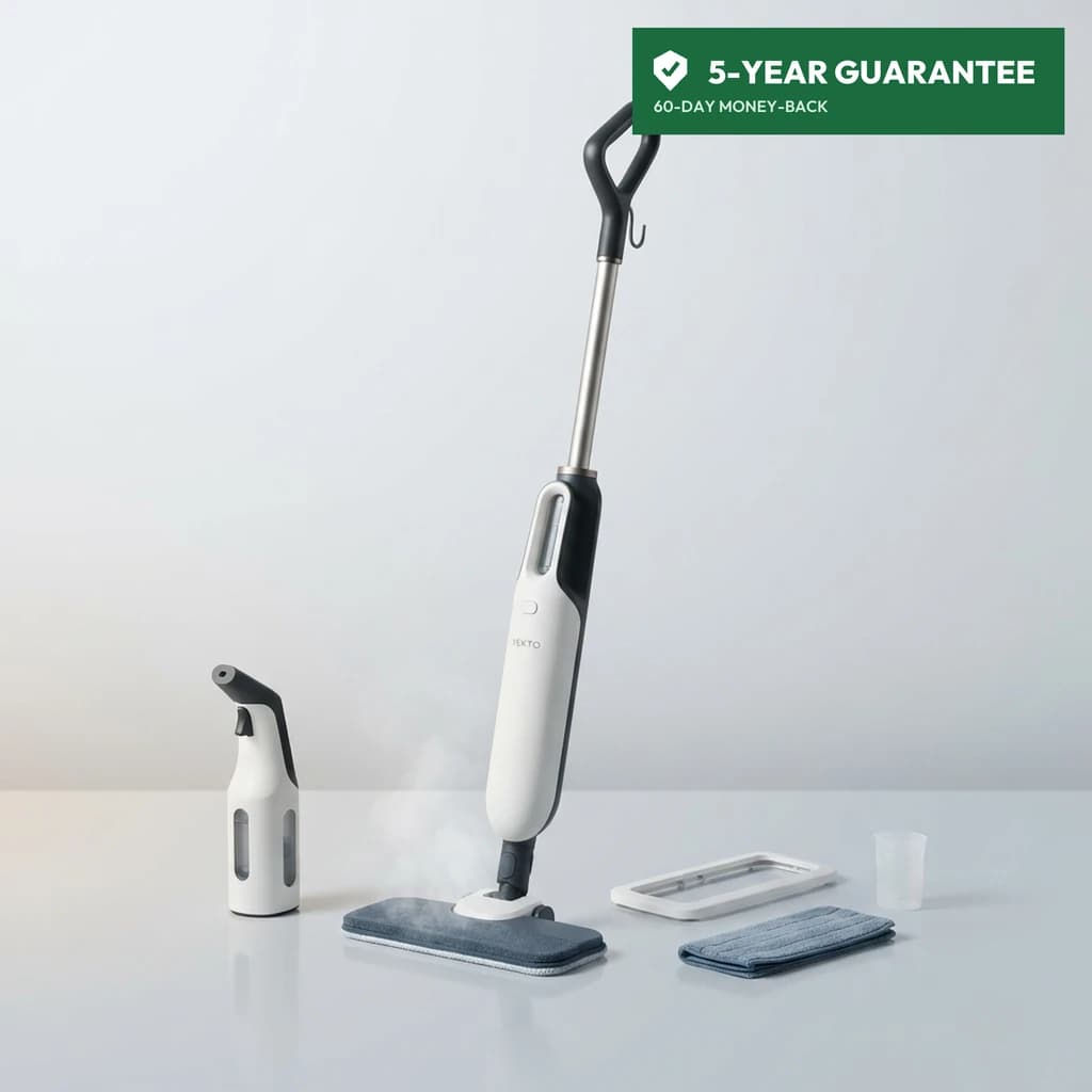 Vekto Steam Mop S20 with its lift-out handheld steam unit, two microfibre pads, the snap-on carpet glider and the measuring cup