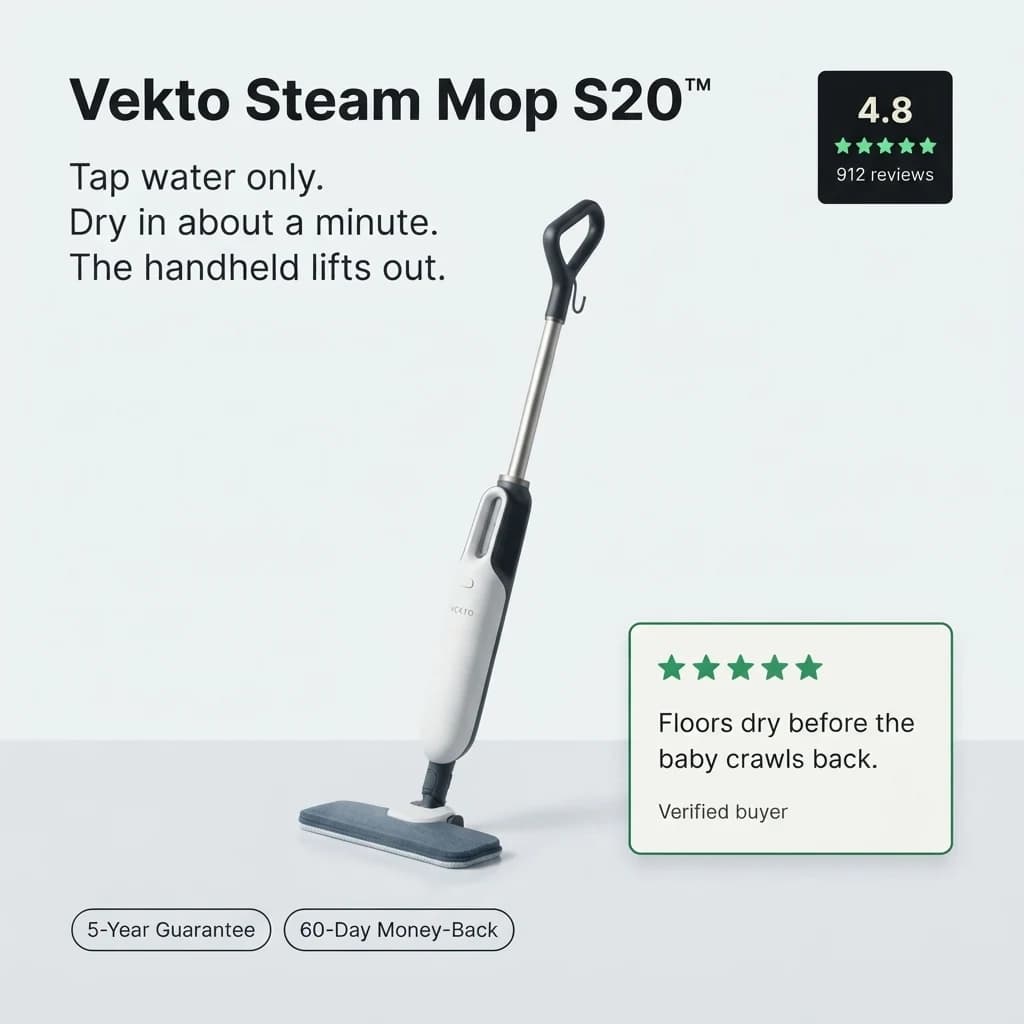Vekto Steam Mop S20, rated 4.8 from 912 reviews: tap water only, dry in about a minute, the handheld lifts out