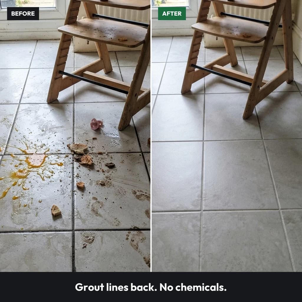 Before and after: the same tiled kitchen floor with grey grout and a juice splash, then clean with the grout lines pale again after the Vekto Steam Mop S20