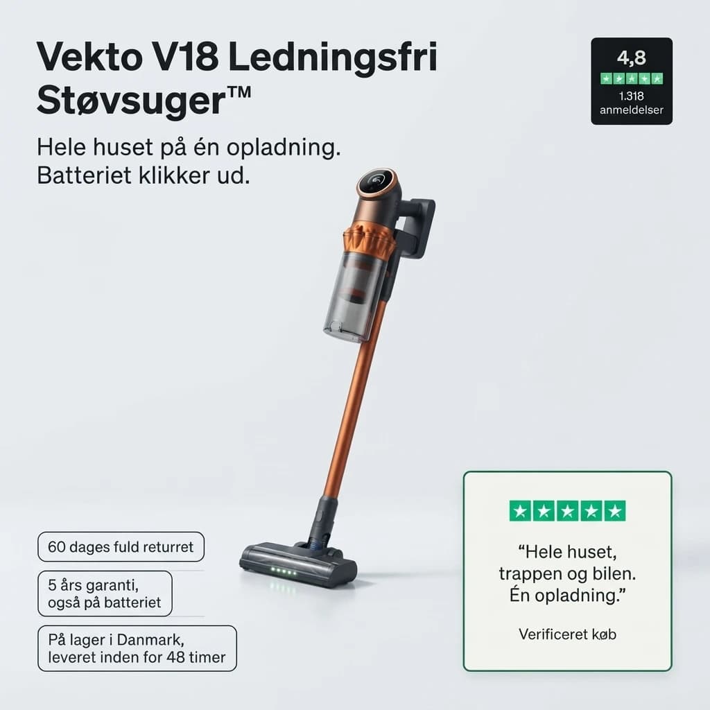Vekto V18 ledningsfri støvsuger, 4,8 i snit: hele huset på én opladning, og batteriet klikker ud
