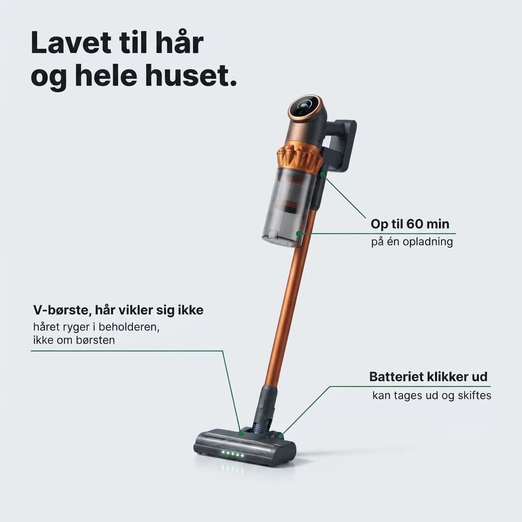 Lavet til hår og hele huset: V-børste, hvor hår ikke vikler sig, op til 60 minutter på én opladning, og batteriet klikker ud
