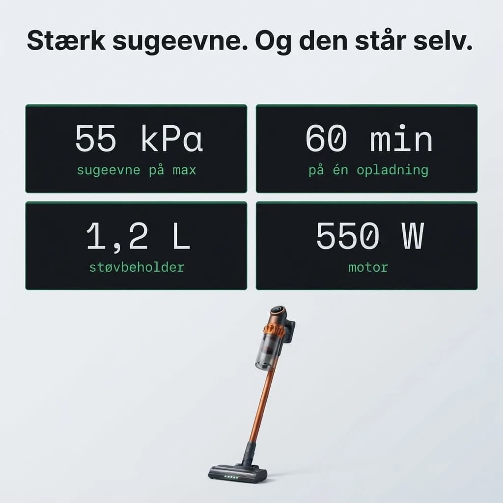 Stærk sugeevne, og den står selv: 55 kPa, op til 60 minutter på én opladning og en stor støvbeholder