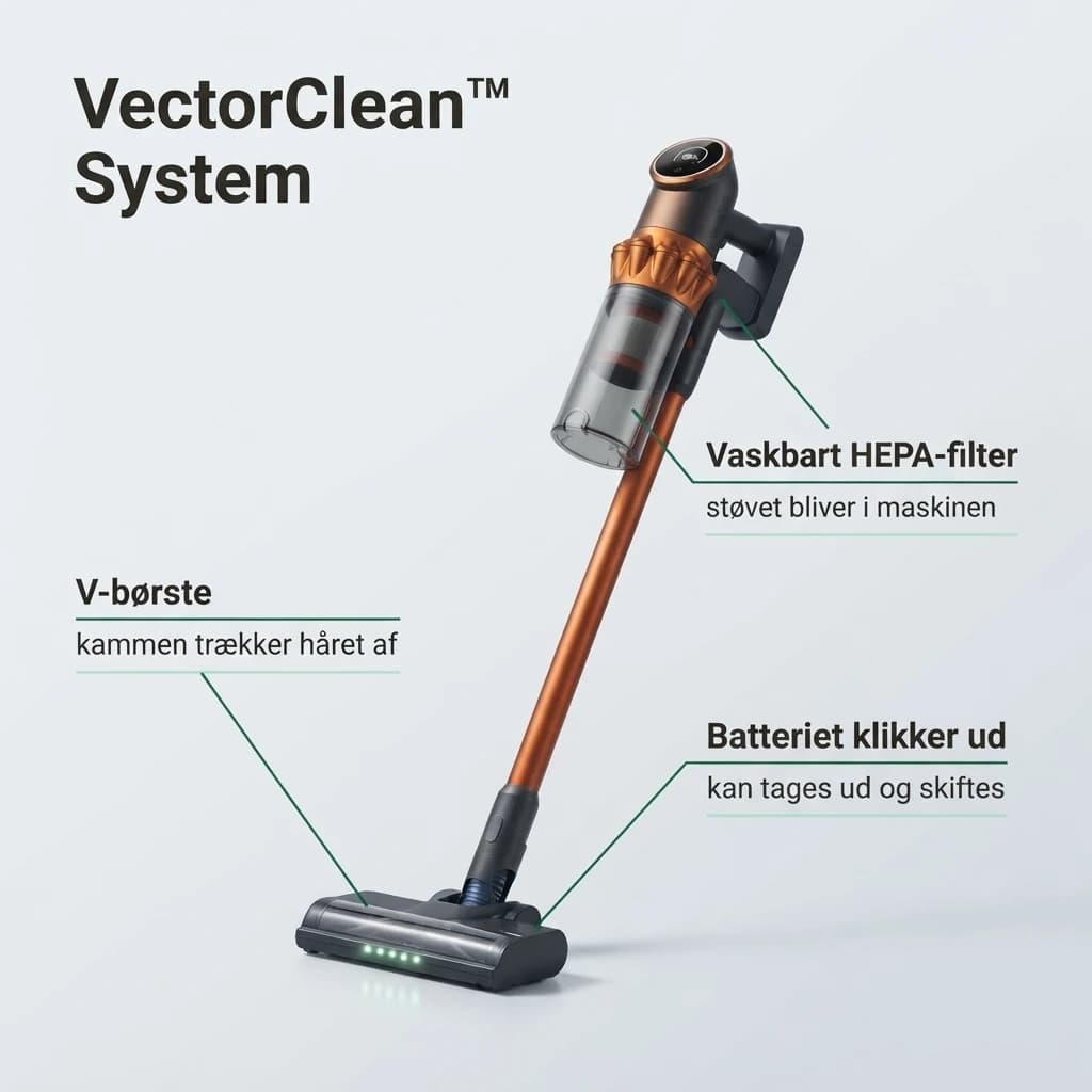 VectorClean System: vaskbart HEPA-filter, V-børste med kam og et batteri, der klikker ud