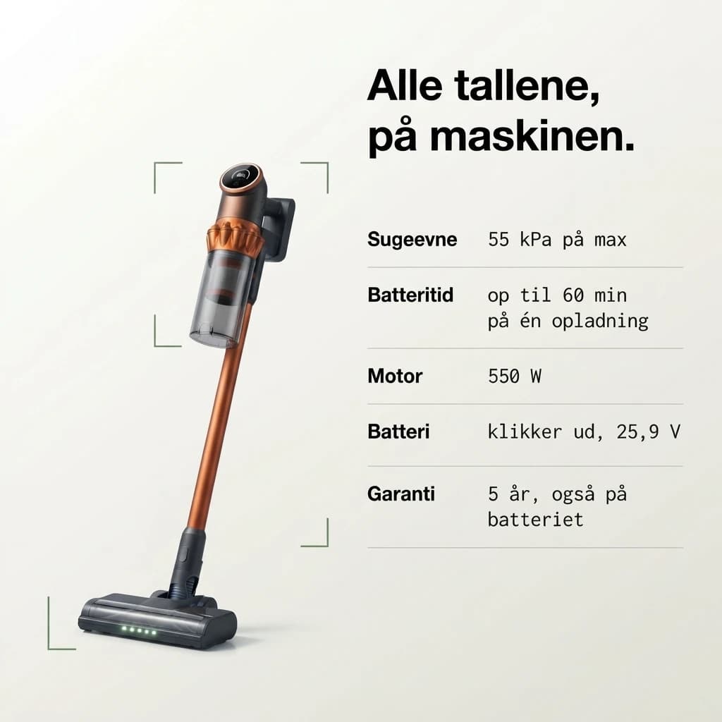 Alle tal på maskinen: sugeevne, batteritid, motor, batteri og garanti