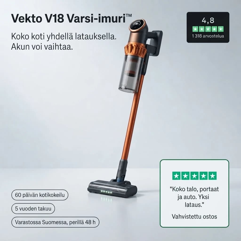 Vekto V18 Varsi-imuri ja asiakkaiden arvosana: koko koti yhdellä latauksella, akun voi vaihtaa