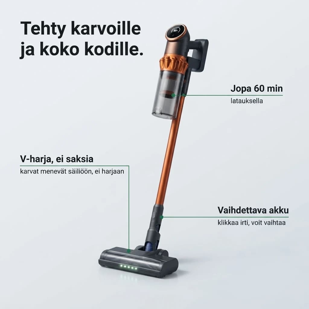 Tehty karvoille ja koko kodille: V-harja ilman saksia, jopa 60 minuuttia yhdellä latauksella ja vaihdettava akku