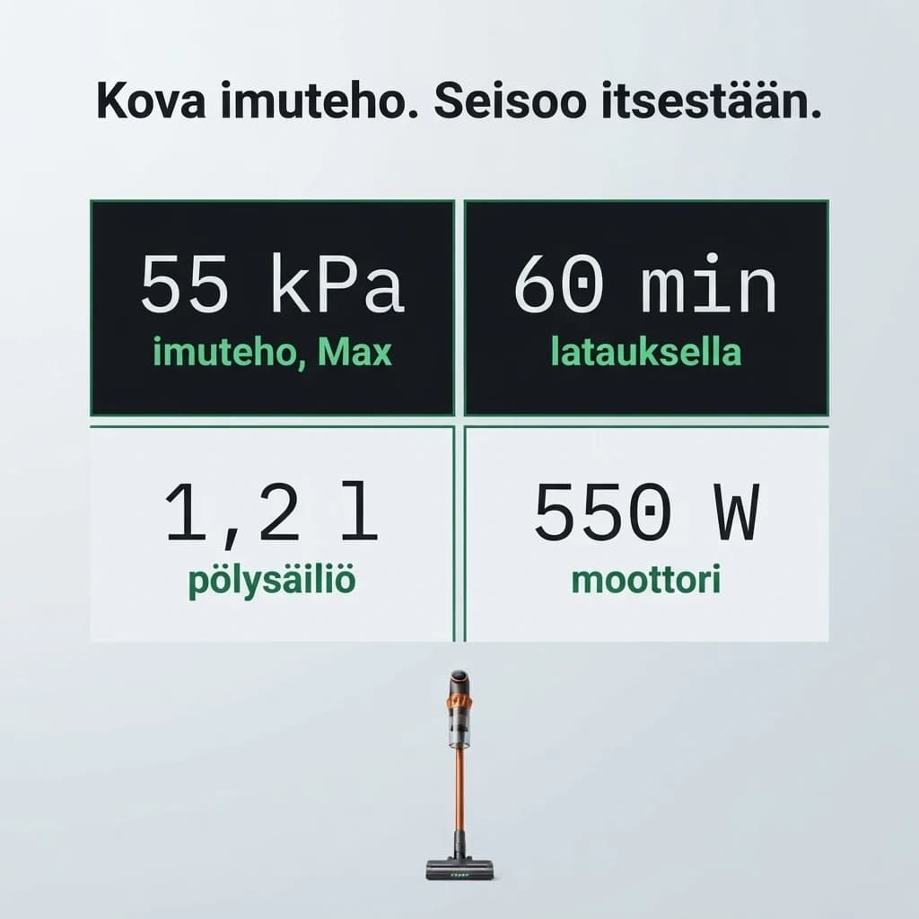 Kova imuteho ja imuri seisoo itsestään: 55 kPa, 60 minuuttia yhdellä latauksella, 1,2 litran pölysäiliö ja 550 W:n moottori