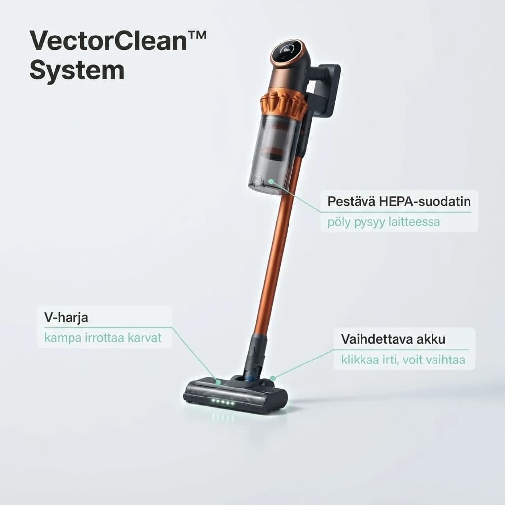 VectorClean™ System: pestävä HEPA-suodatin, V-harja, jonka kampa irrottaa karvat, ja vaihdettava akku