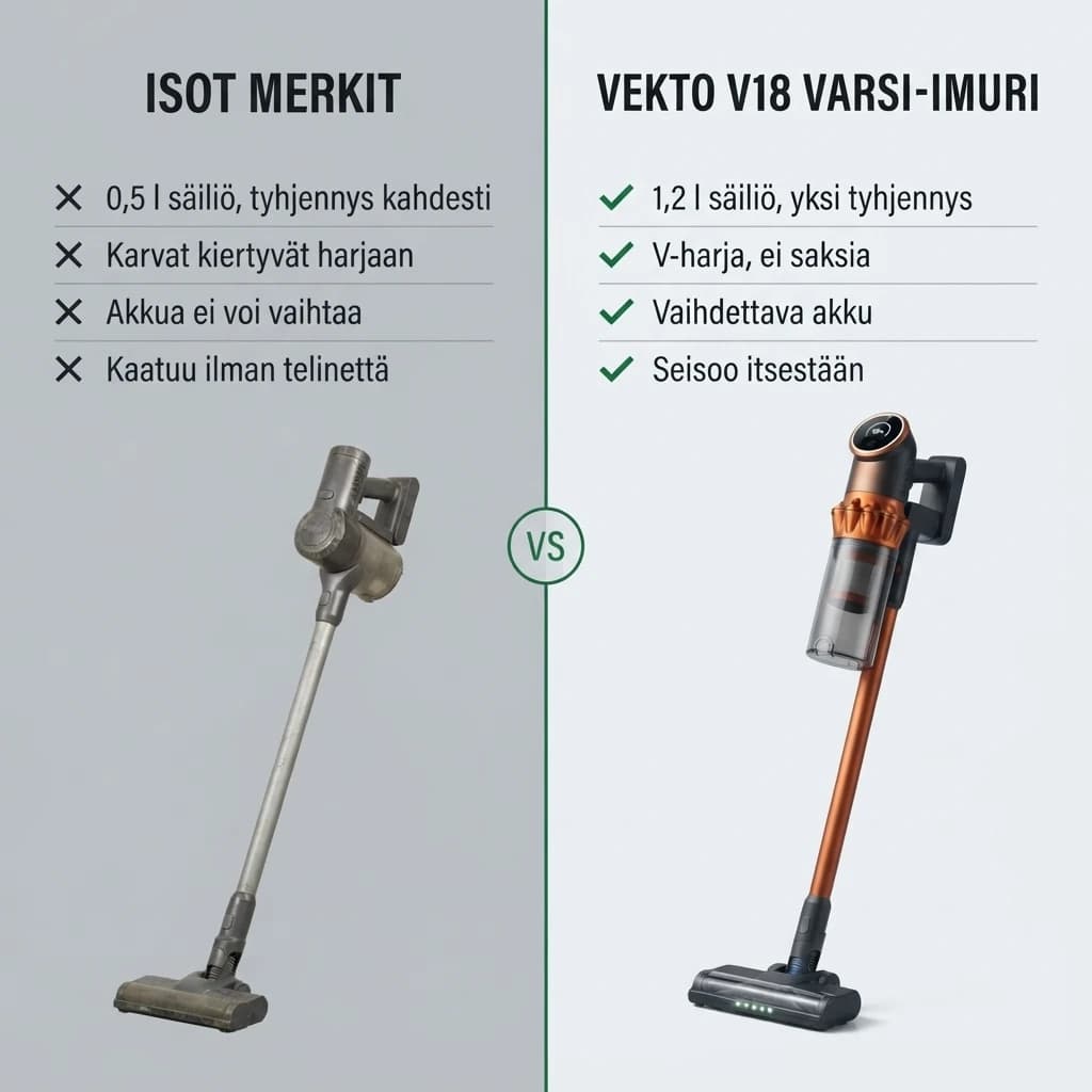 Isojen merkkien varsi-imurit ja Vekto V18 Varsi-imuri rinnakkain, kohta kohdalta