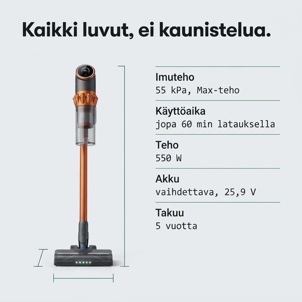 Kaikki luvut: imuteho, käyttöaika, teho, akku ja takuu