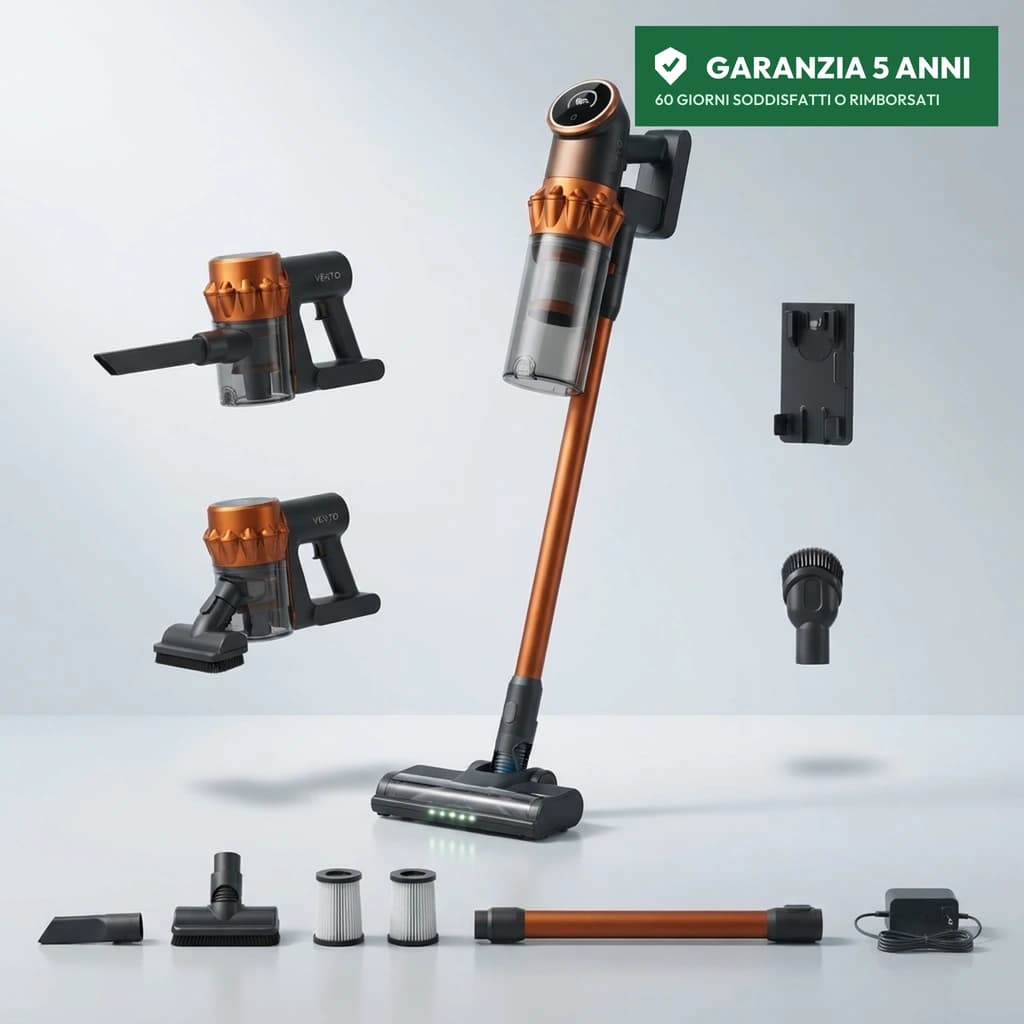 Scopa elettrica Vekto V18 con batteria, caricatore, spazzola per pavimenti, tubo, le due bocchette, i due filtri HEPA e il supporto a muro. Garanzia 5 anni, 60 giorni soddisfatti o rimborsati