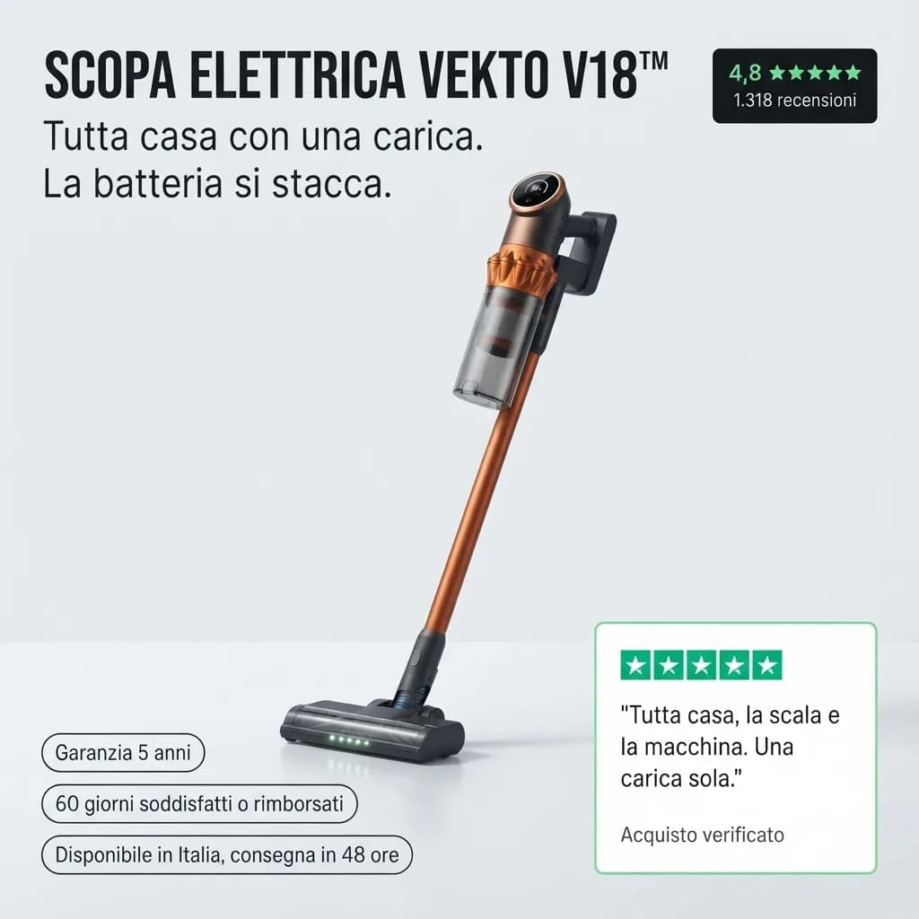 Scopa elettrica Vekto V18, 4,8 stelle su 1.318 recensioni: tutta casa con una carica, la batteria si stacca