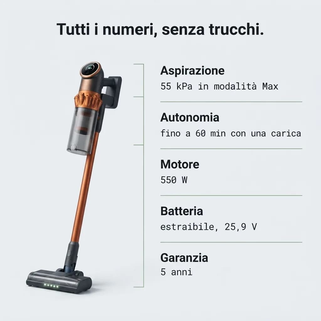 Tutti i numeri della Vekto V18: aspirazione, autonomia, motore, batteria e garanzia