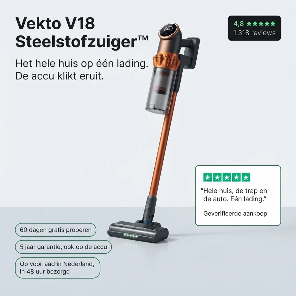 Vekto V18 Steelstofzuiger, 4,8 uit 1.318 reviews: het hele huis op één lading, de accu klikt eruit