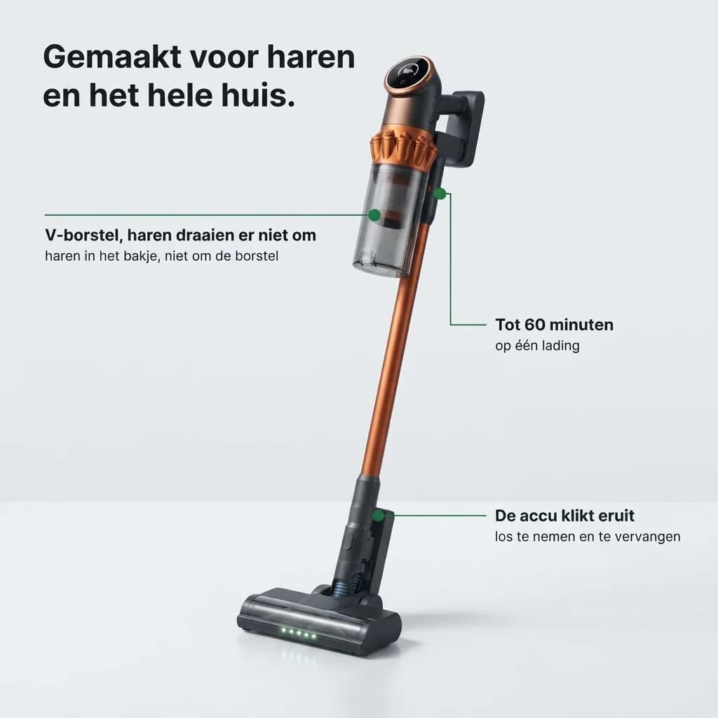 Gemaakt voor haren en het hele huis: een V-borstel waar geen haren omheen draaien, tot 60 minuten op één lading, de accu klikt eruit