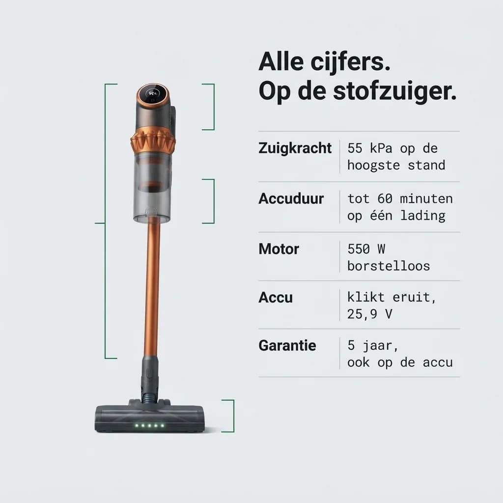 Alle cijfers van de stofzuiger: zuigkracht, accuduur, motor, accu en garantie